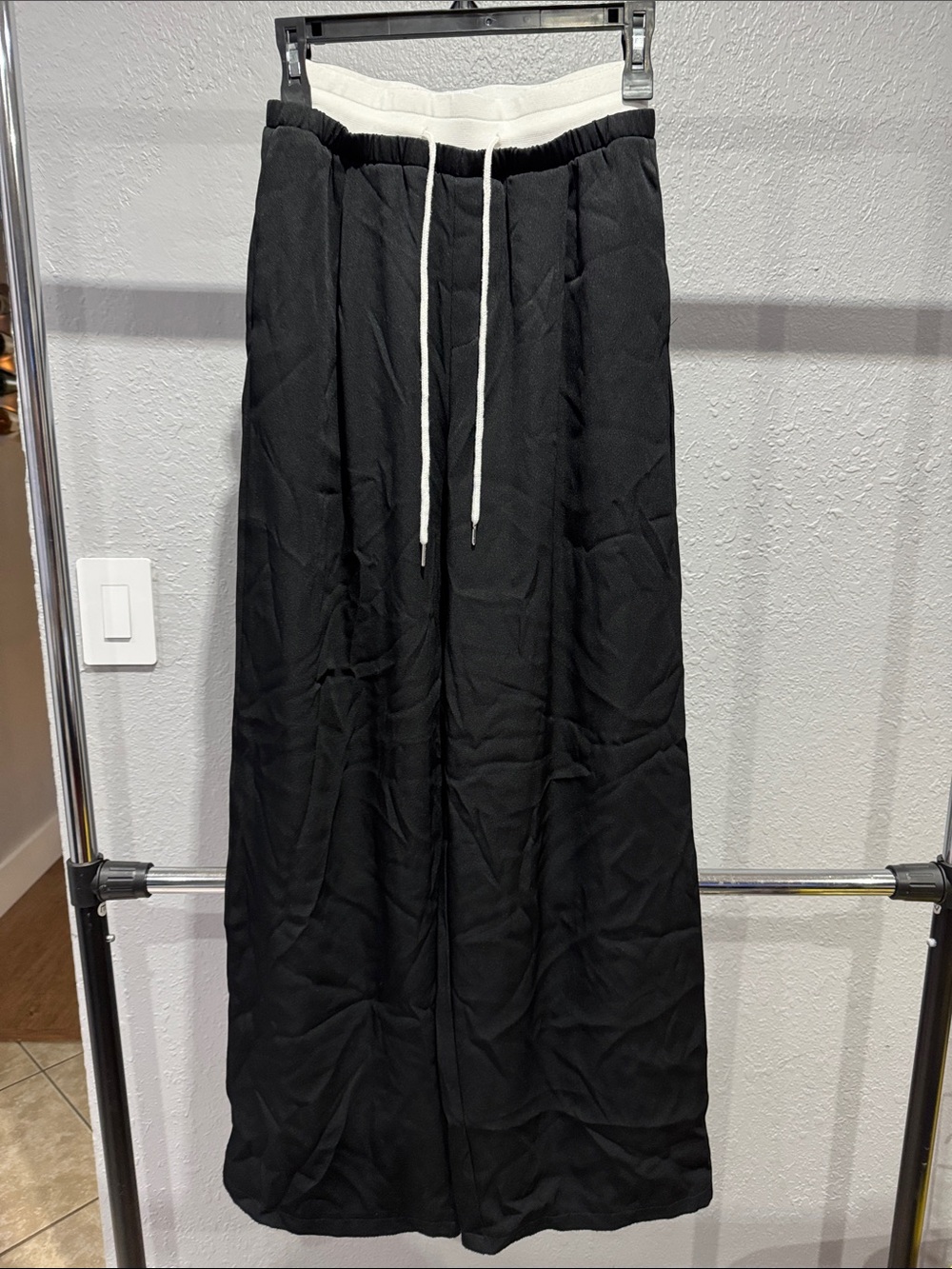 SHEIN Black Wide-Leg Pants with White Drawstring Waistband